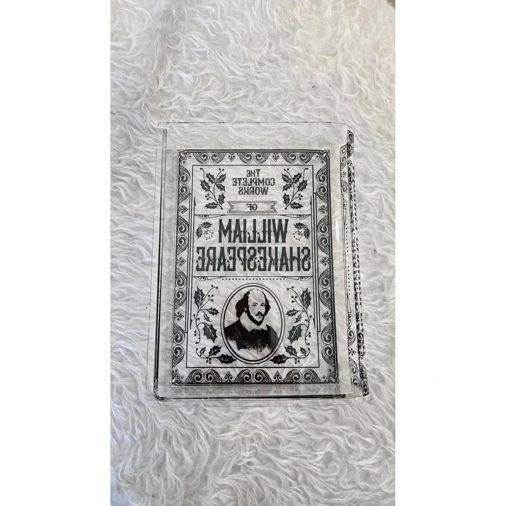 William Shakespeare Book Shaped Clear Acrylic Flower Vase Literary Home Dec 8in